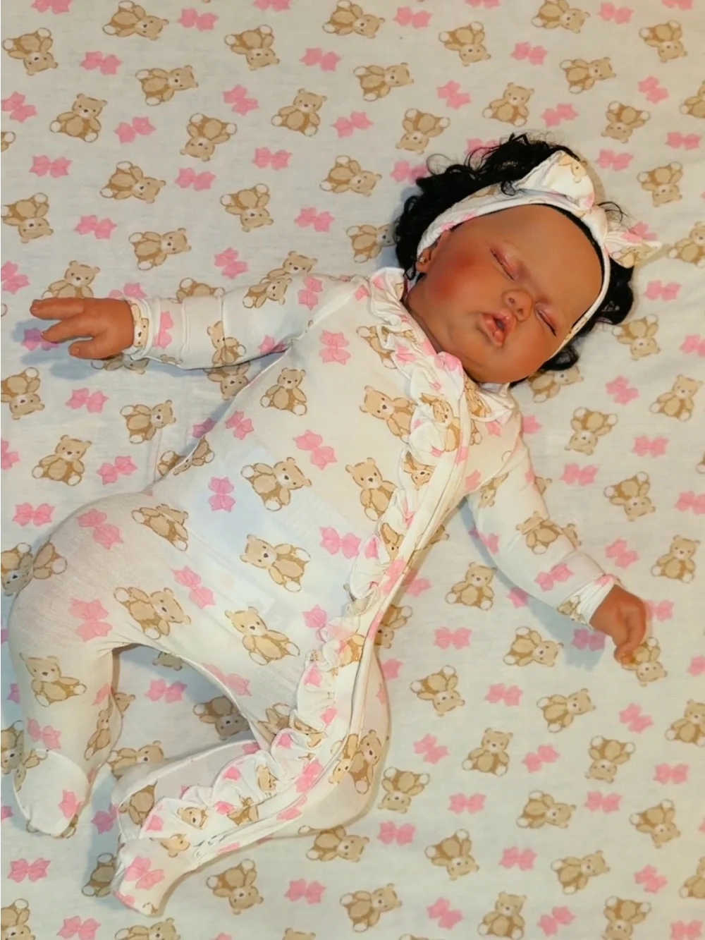 Baby Girls' Pink & Cream Bear Print Footed Pajamas with Headband and blanket